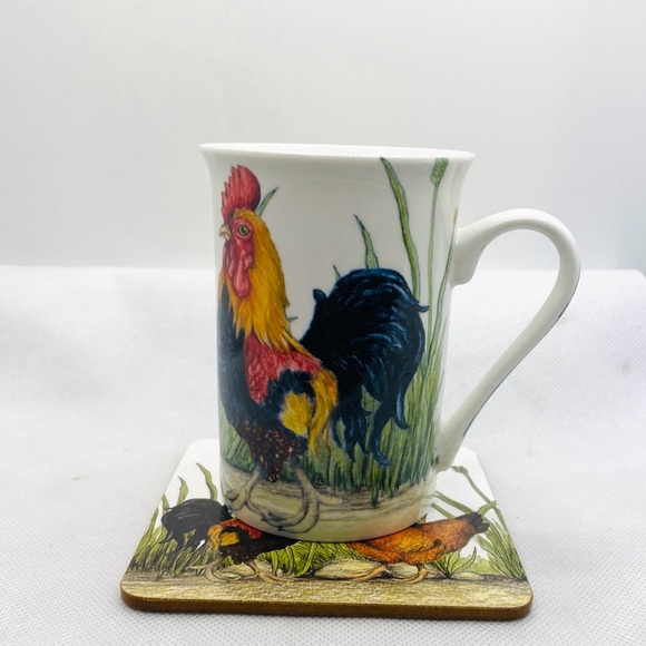 Kent Pottery 10oz Porcelain Chicken Rooster & Hen Coffee Tea Mug With Coaster - Picture 2 of 7
